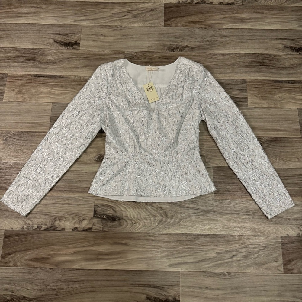 Ramy Brook Rainn Jacquard Top Blouse in Silver Size 8